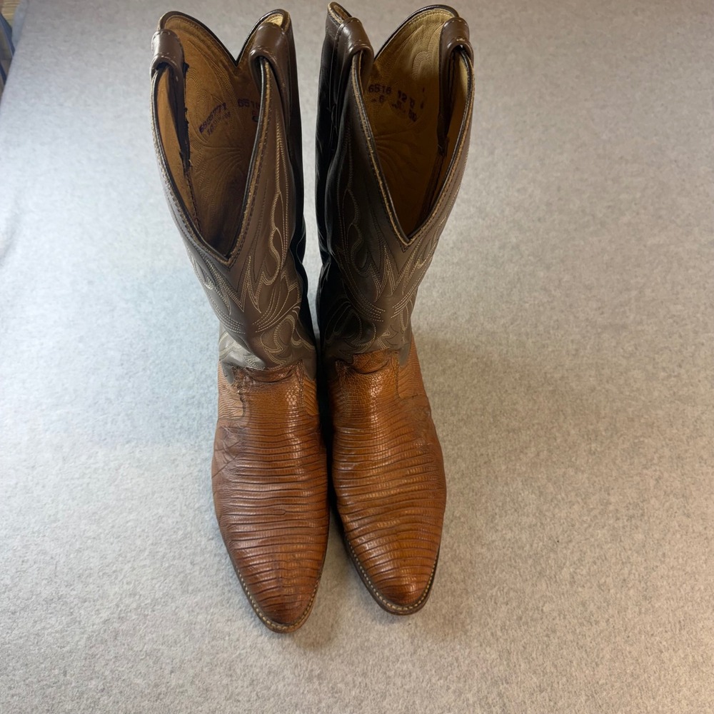 VintageDan Post Mens Teju Lizard Western Cowboy Boots Brown Taupe 6518 Size 12 D